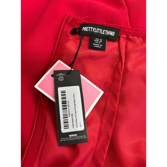 Pretty Little Thing Red Chiffon Frill Detail Plunge Ruffle Midaxi Dress Size 6 - Picture 4 of 4